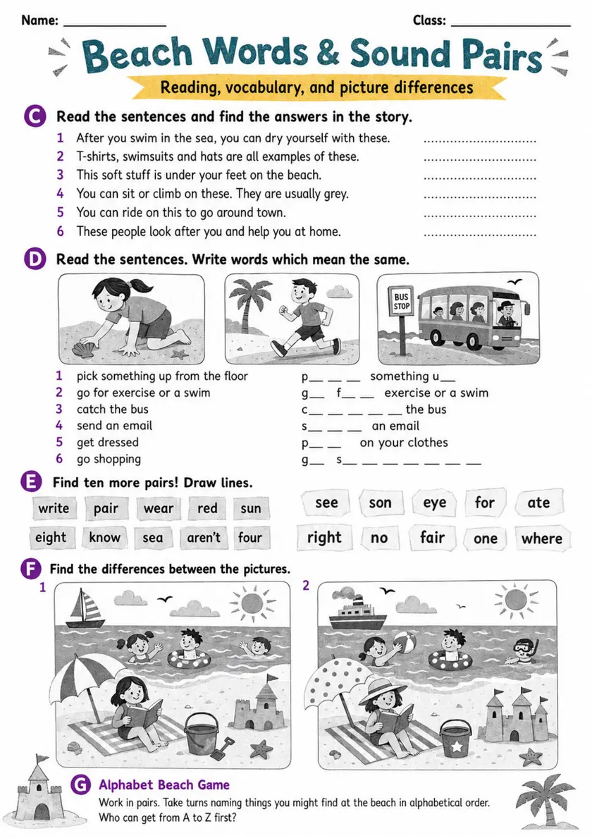 Cambridge MOVERS - Beach Words & Sound Pairs | Free Worksheet primary printable PDF preview