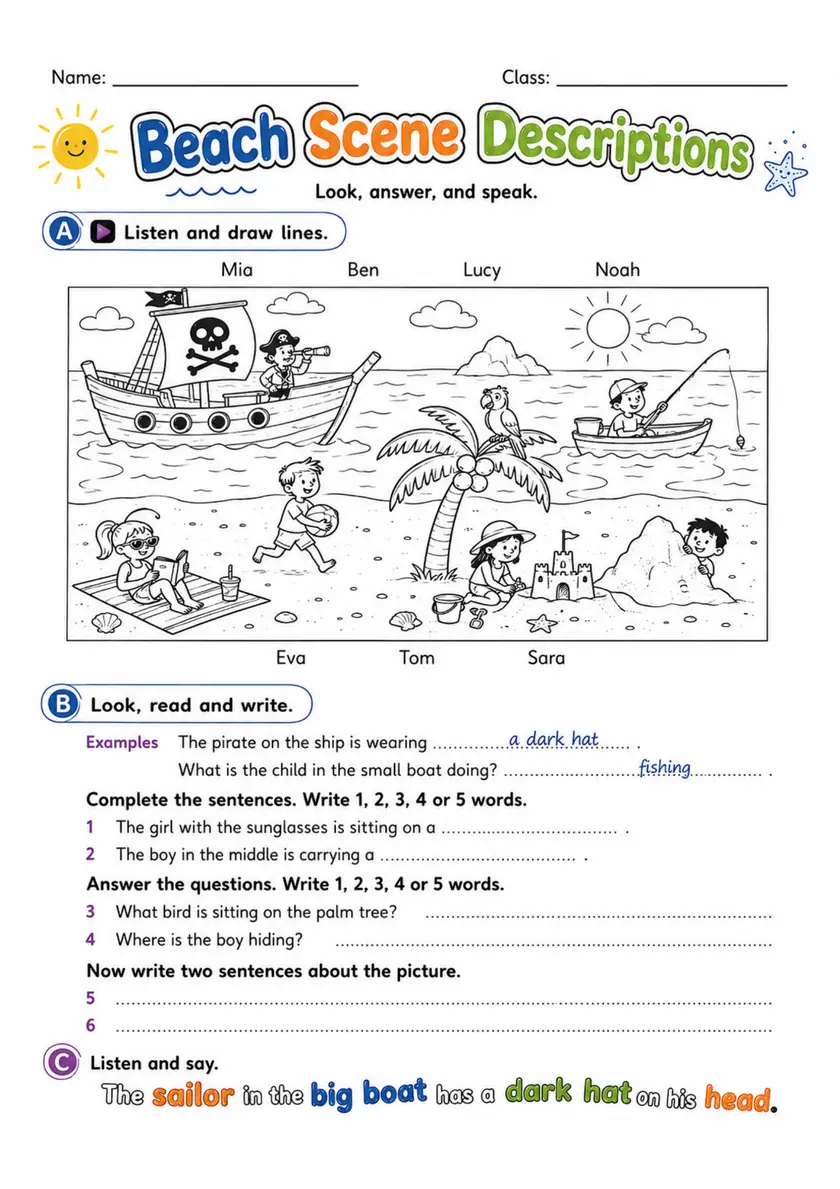 Cambridge MOVERS - Beach Scene Descriptions | Free Worksheet primary printable PDF preview