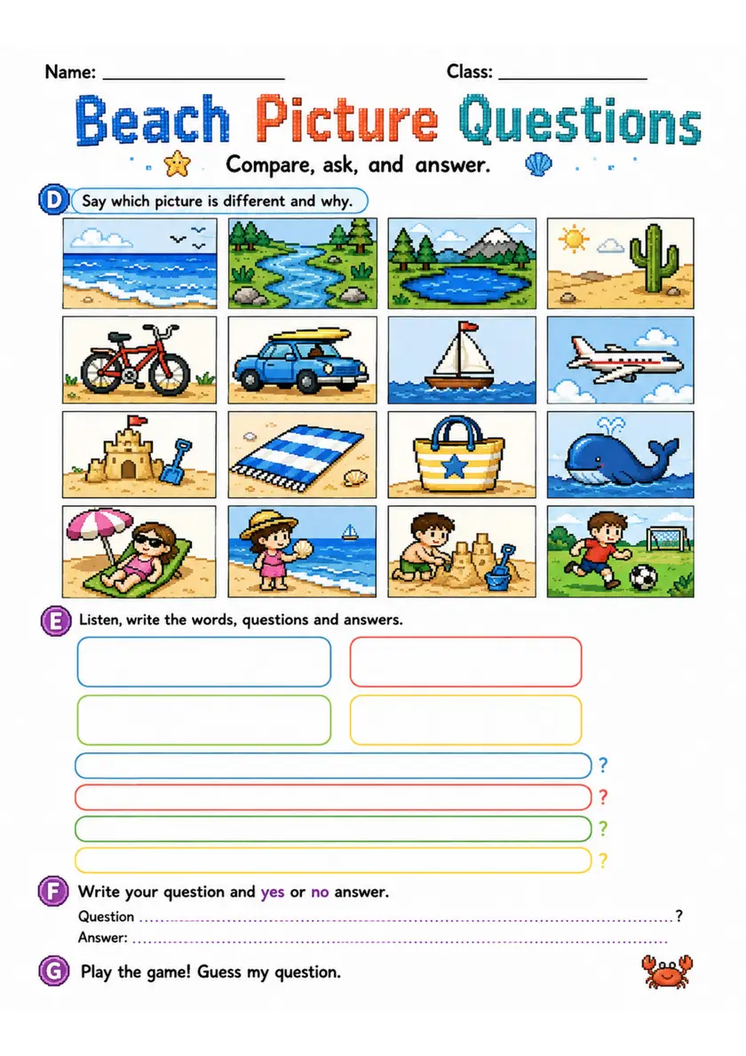 Cambridge MOVERS - Beach Picture Questions | Free Worksheet primary printable PDF preview