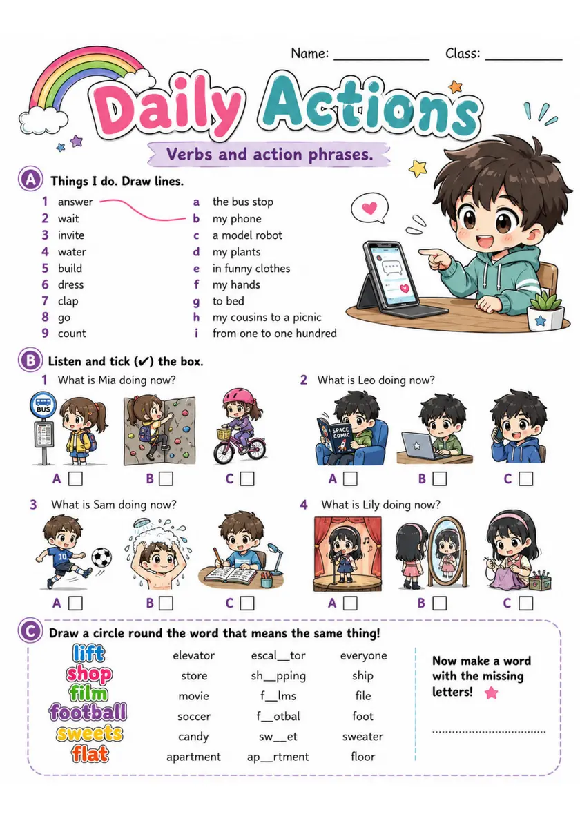 Cambridge MOVERS - Daily Actions | Free Worksheet primary printable PDF preview