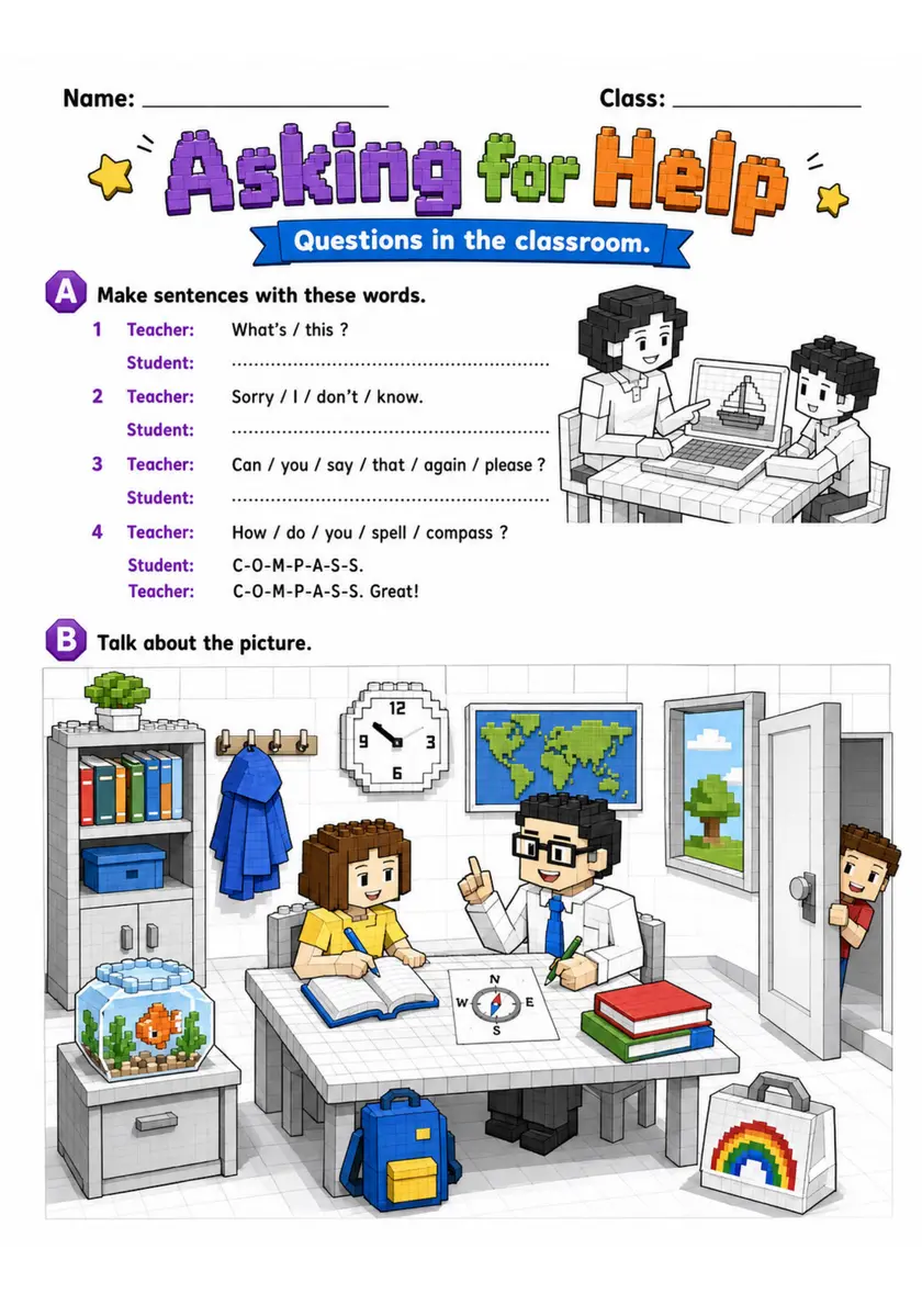 Cambridge MOVERS - Asking for Help | Free Worksheet primary printable PDF preview