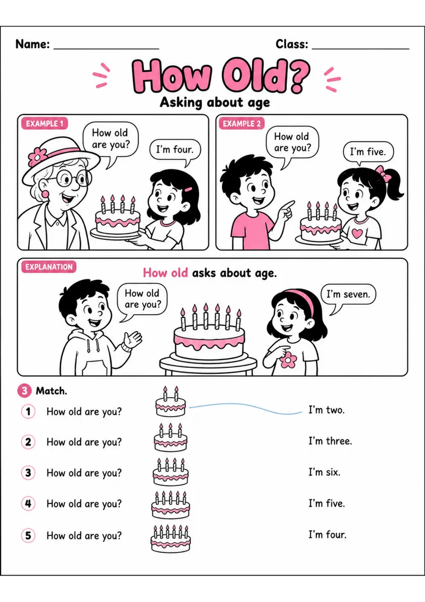 How Old Are You? Age Questions | Grade 1 Grammar Worksheet grade 1 printable PDF preview