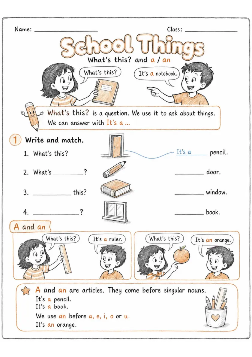 What's This? A or An Articles | Grade 1 Grammar Worksheet grade 1 printable PDF preview