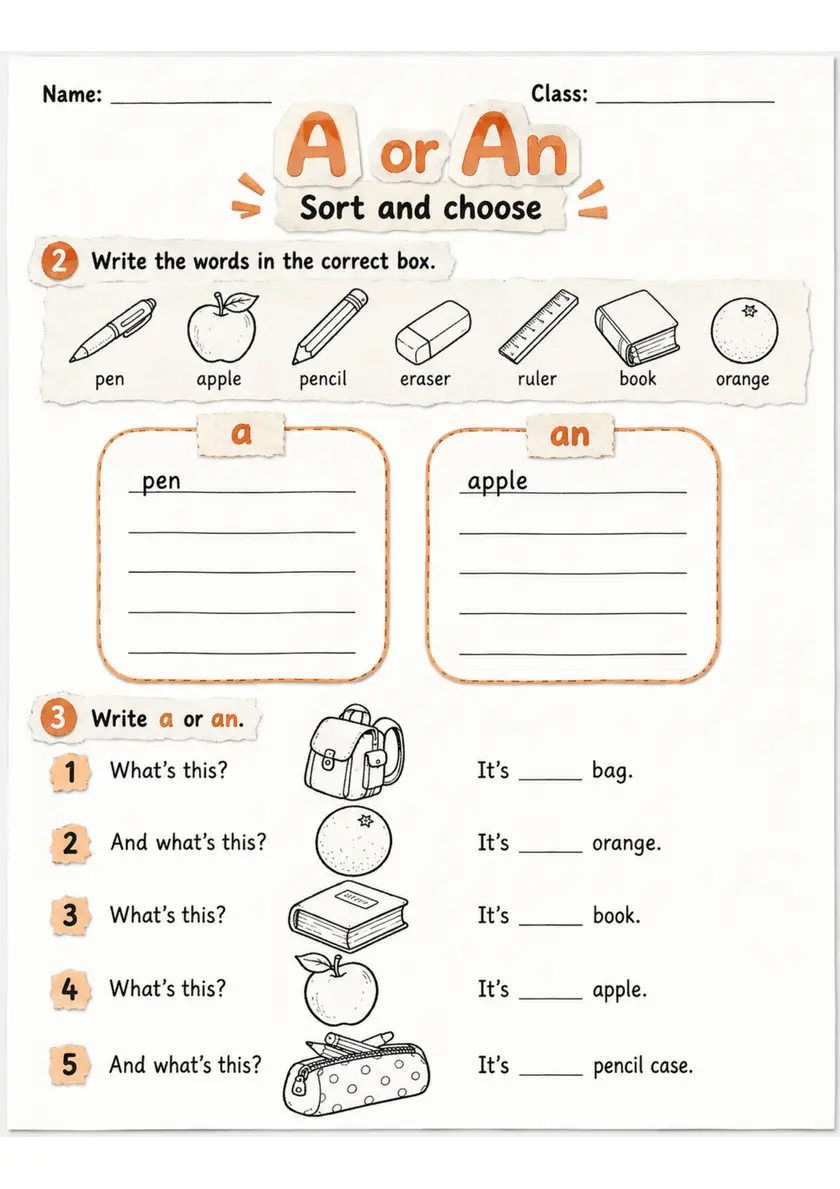 A or An Sorting and Choosing | Grade 1 Grammar Worksheet grade 1 printable PDF preview