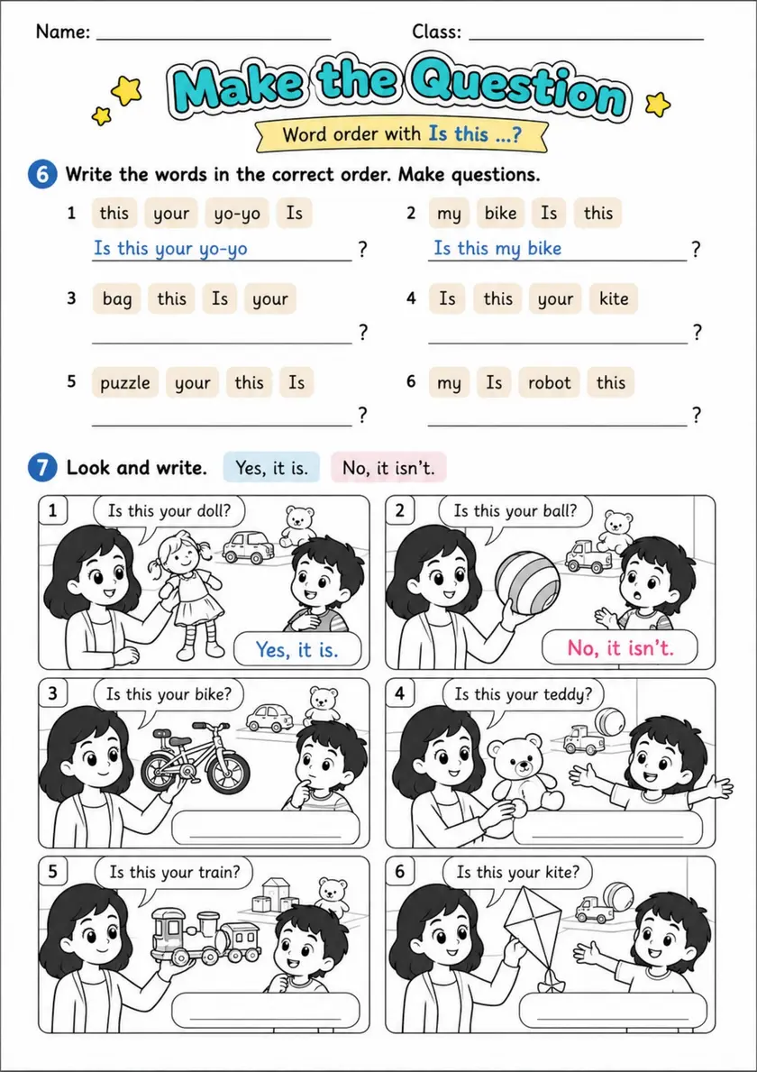 Is This? Question Word Order | Grade 1 Grammar Worksheet grade 1 printable PDF preview