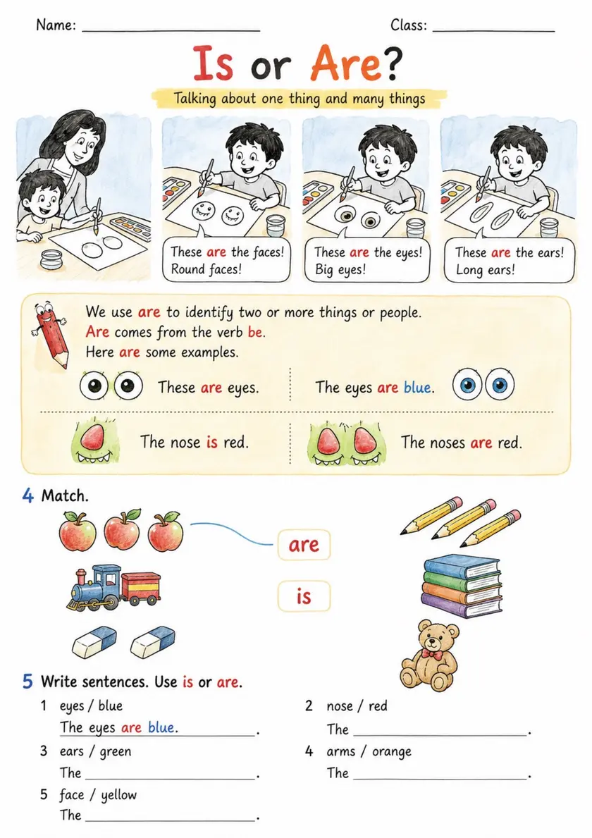 Is or Are? Singular and Plural | Grade 1 Grammar Worksheet grade 1 printable PDF preview