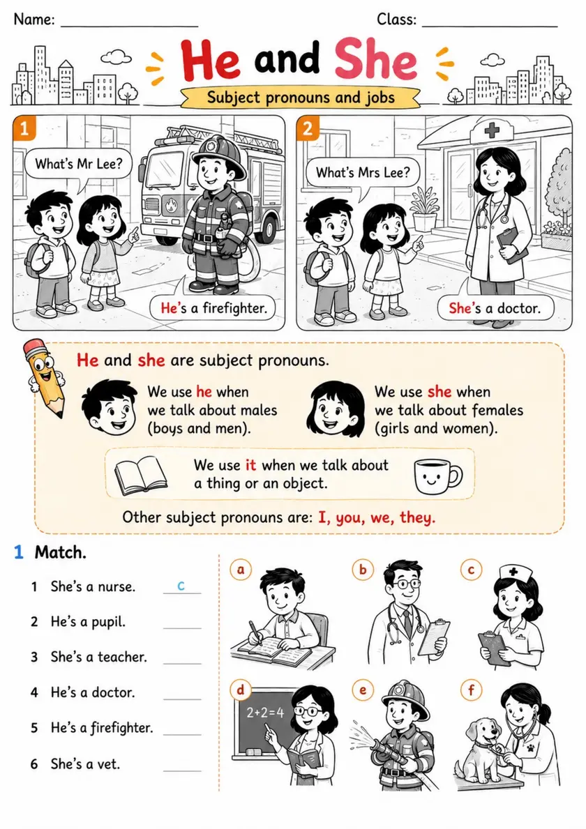 He and She Subject Pronouns with Jobs | Grade 1 Grammar Worksheet grade 1 printable PDF preview