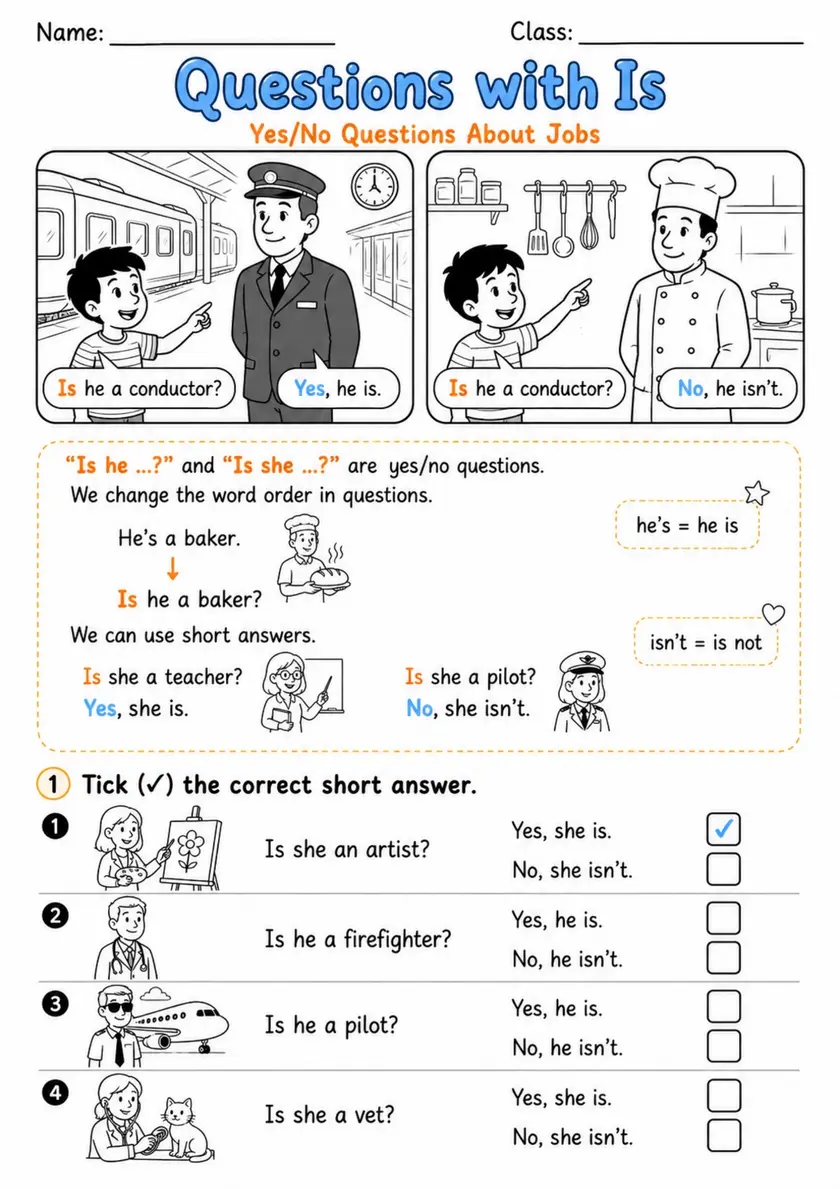 Is He or Is She? Job Questions | Grade 1 Grammar Worksheet grade 1 printable PDF preview