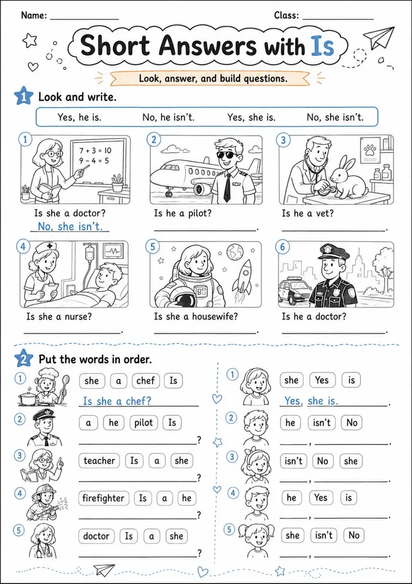 Short Answers with Is He and Is She | Grade 1 Grammar Worksheet grade 1 printable PDF preview