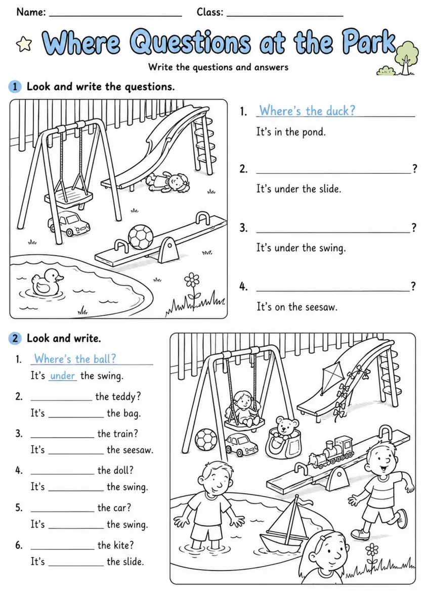 Where Questions at the Park | Grade 1 Grammar Worksheet grade 1 printable PDF preview