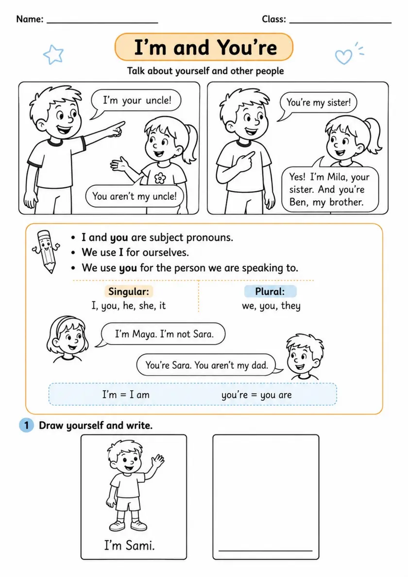 I'm and You're Subject Pronouns | Grade 1 Grammar Worksheet grade 1 printable PDF preview