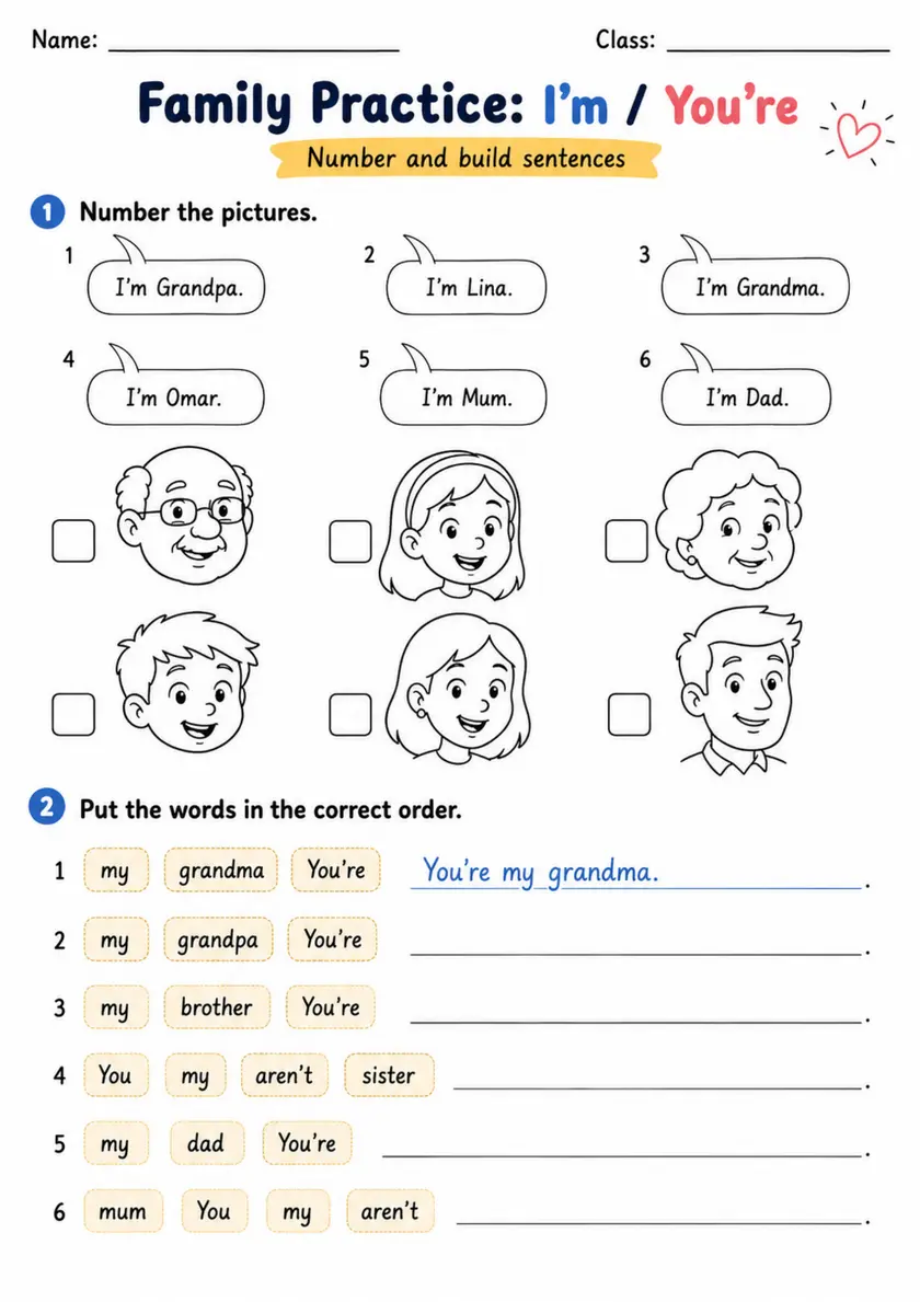 I'm and You're Family Sentences | Grade 1 Grammar Worksheet grade 1 printable PDF preview
