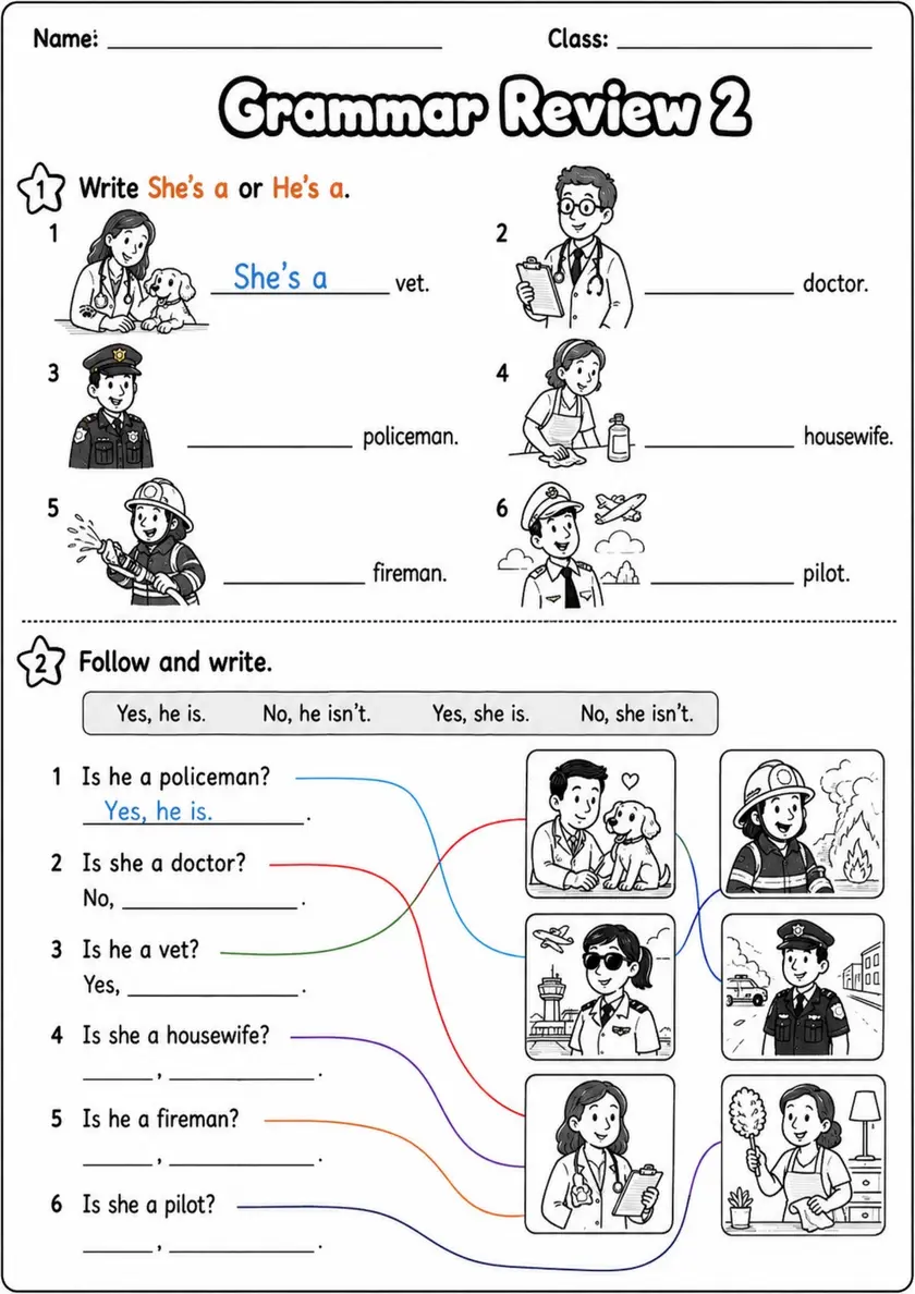 He She and Job Question Review | Grade 1 Grammar Worksheet grade 1 printable PDF preview