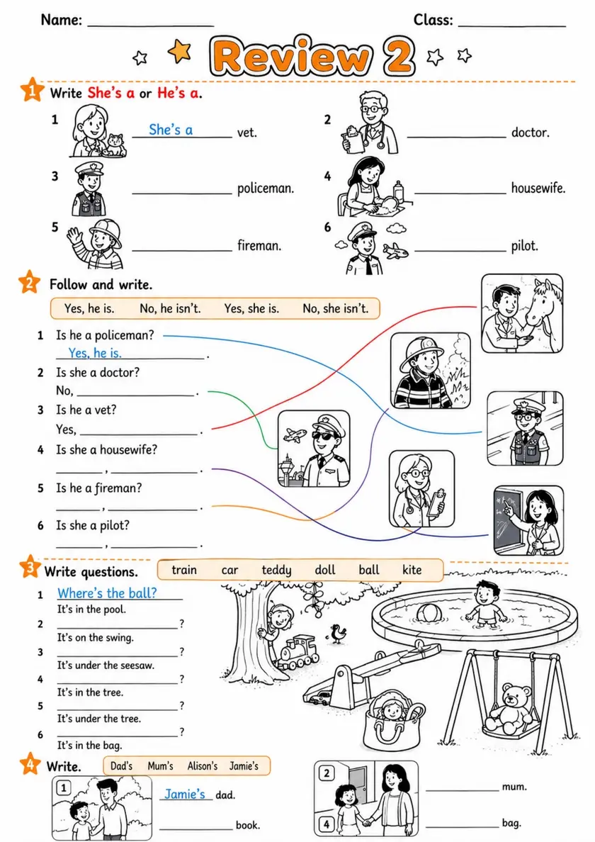 Jobs Where and Possessive S | Grade 1 Grammar Review Worksheet grade 1 printable PDF preview