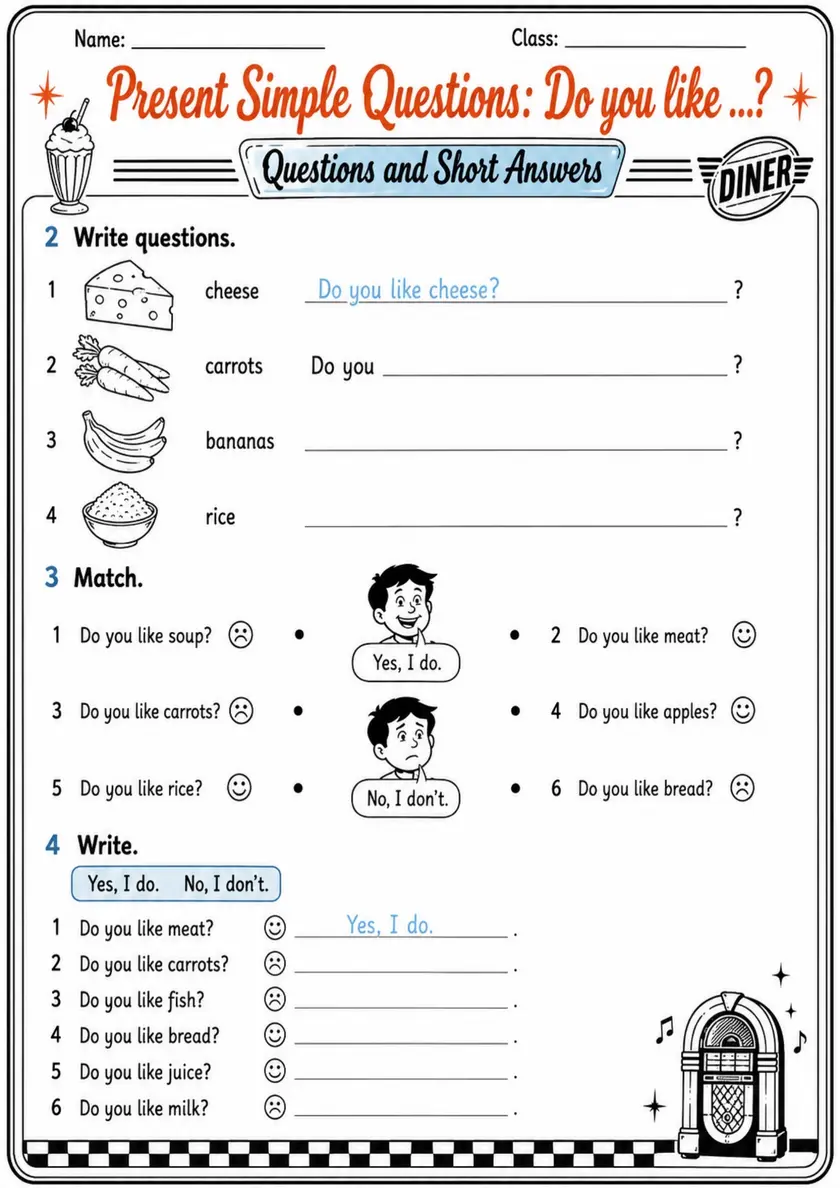 Do You Like? Questions and Short Answers | Grade 1 Grammar Worksheet grade 1 printable PDF preview