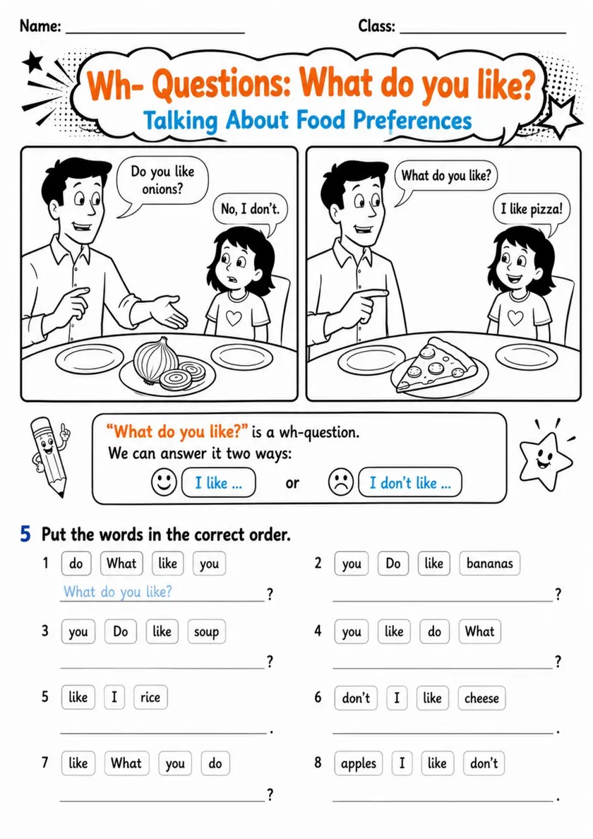 What Do You Like? Word Order | Grade 1 Grammar Worksheet grade 1 printable PDF preview