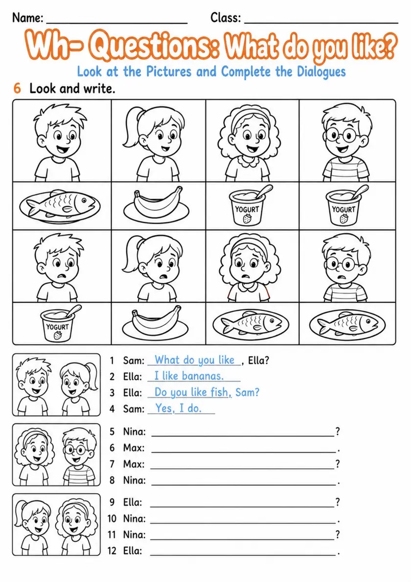 What Do You Like? Dialogue Practice | Grade 1 Grammar Worksheet grade 1 printable PDF preview