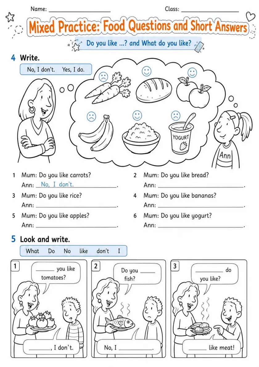 Food Questions and Short Answers | Grade 1 Grammar Review Worksheet grade 1 printable PDF preview