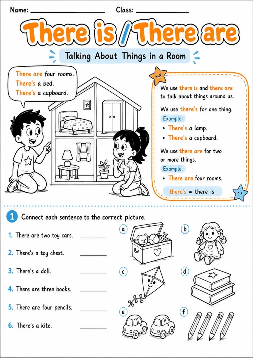 There Is and There Are in a Room | Grade 1 Grammar Worksheet grade 1 printable PDF preview