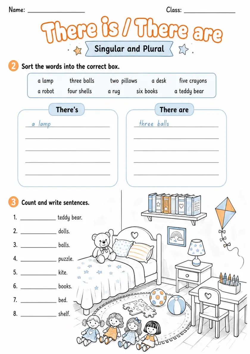 There Is or There Are Singular Plural | Grade 1 Grammar Worksheet grade 1 printable PDF preview