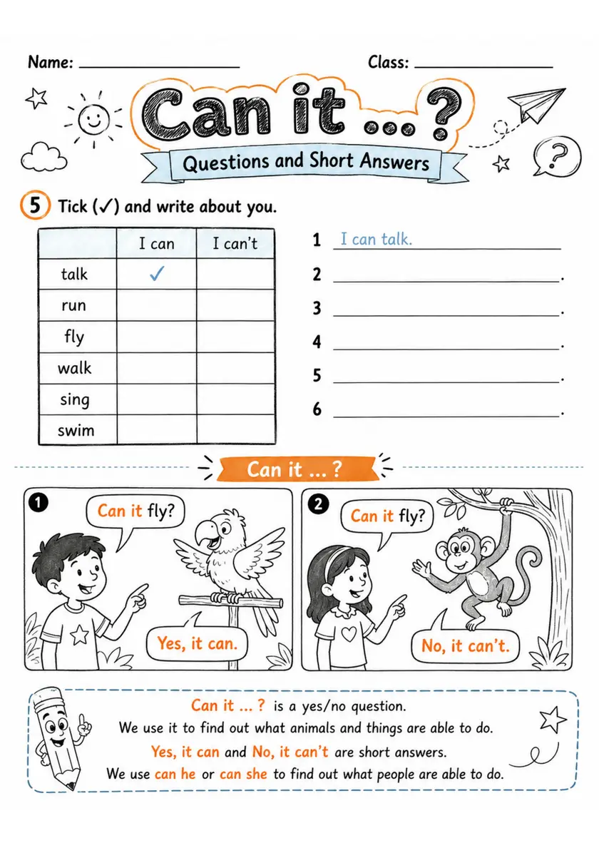 Can It? Questions and Short Answers | Grade 1 Grammar Worksheet grade 1 printable PDF preview