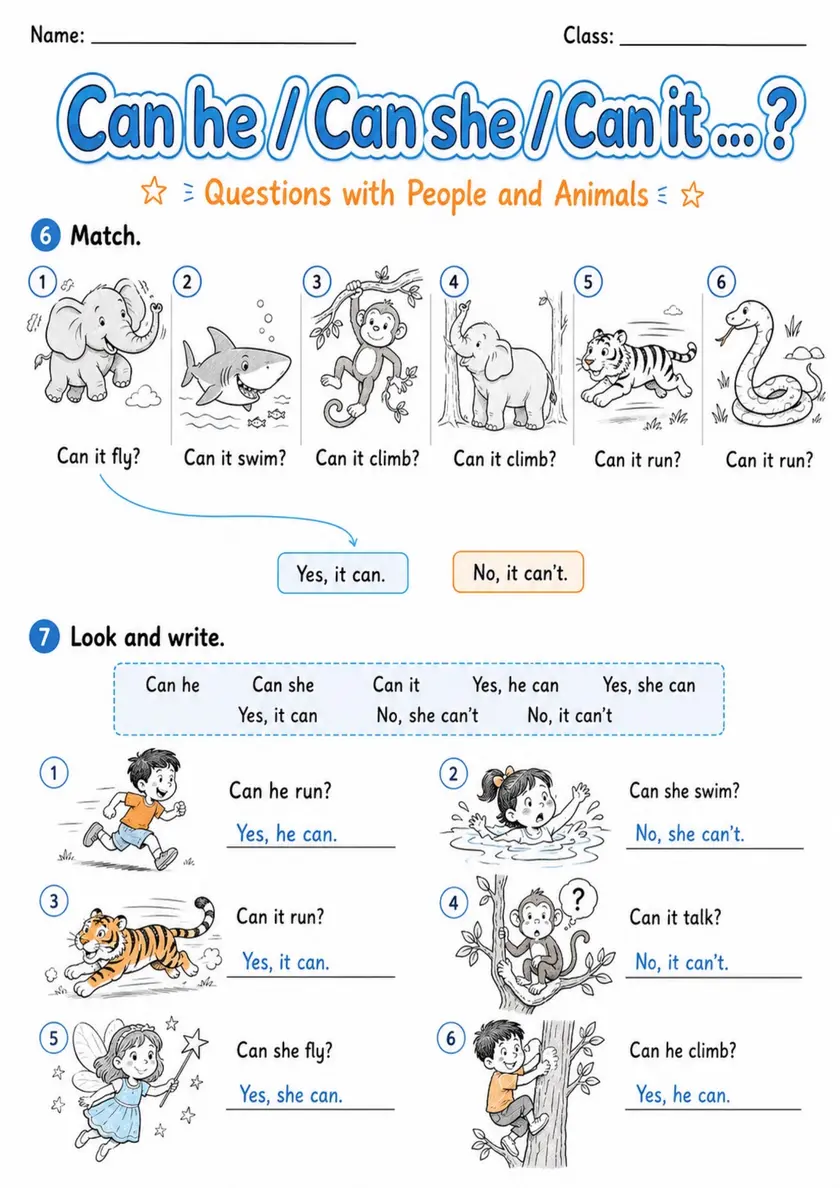Can He She or It? Ability Questions | Grade 1 Grammar Worksheet grade 1 printable PDF preview