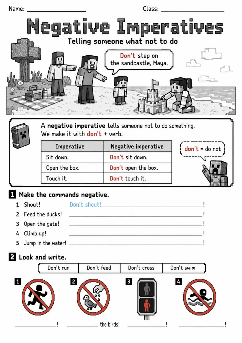 Negative Imperatives with Don't | Grade 1 Grammar Worksheet grade 1 printable PDF preview