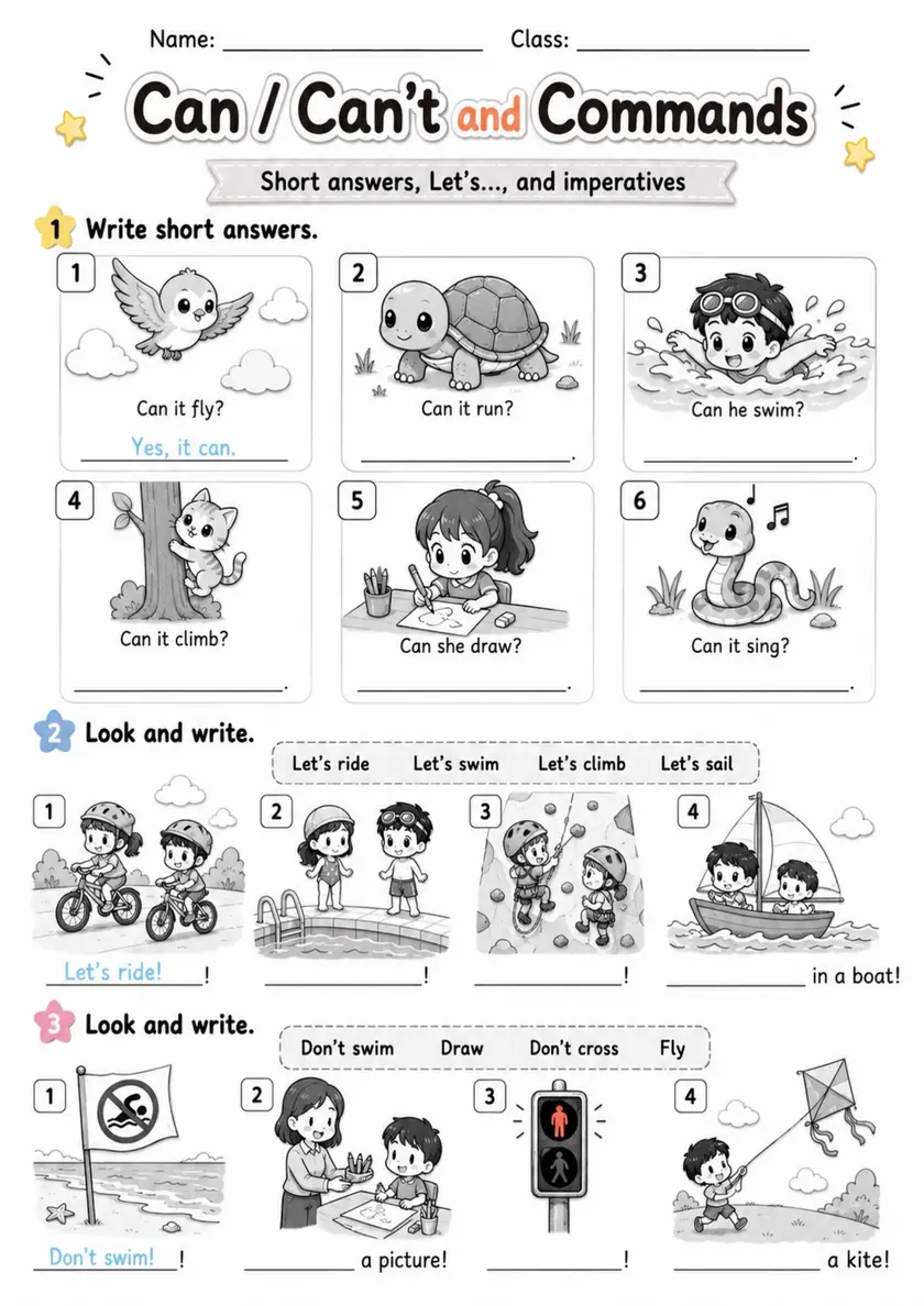 Can Let's and Imperatives Review | Grade 1 Grammar Worksheet grade 1 printable PDF preview
