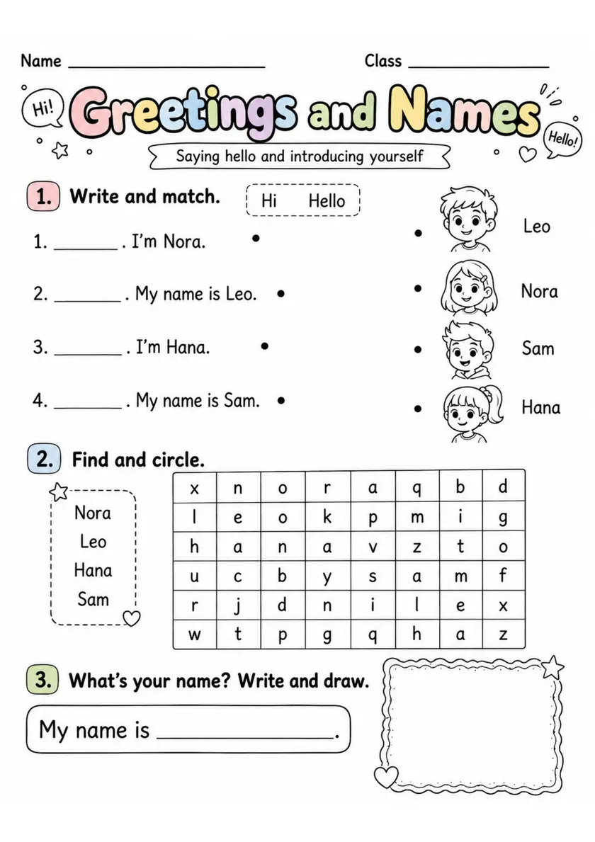 Hi! Greetings And Names | Grade 1 English Language Arts Worksheet grade 1 printable PDF preview