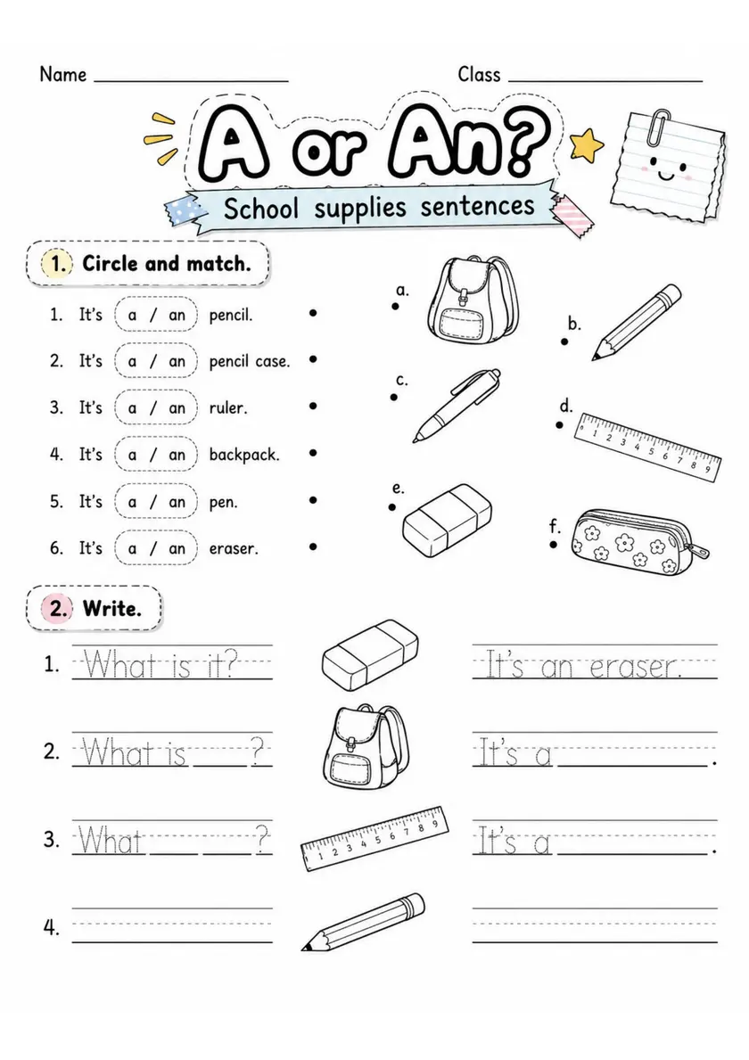 A or An? School Supplies | Grade 1 Grammar Worksheet grade 1 printable PDF preview