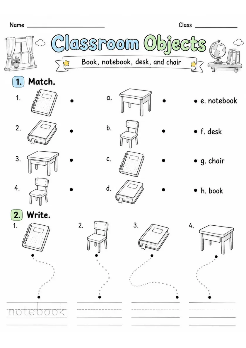 Classroom Objects | Grade 1 Vocabulary Worksheet grade 1 printable PDF preview