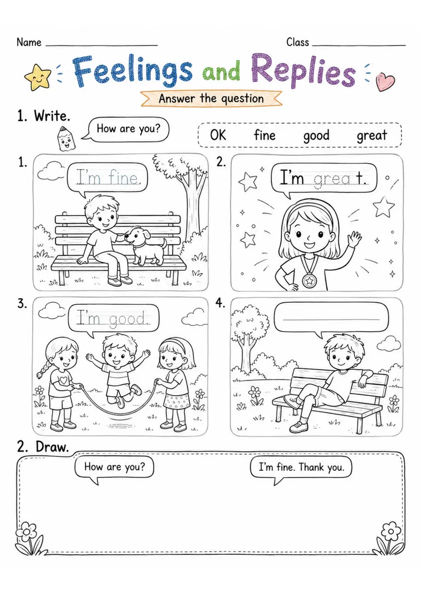 Feelings and Replies | Grade 1 Vocabulary & Writing Worksheet grade 1 printable PDF preview