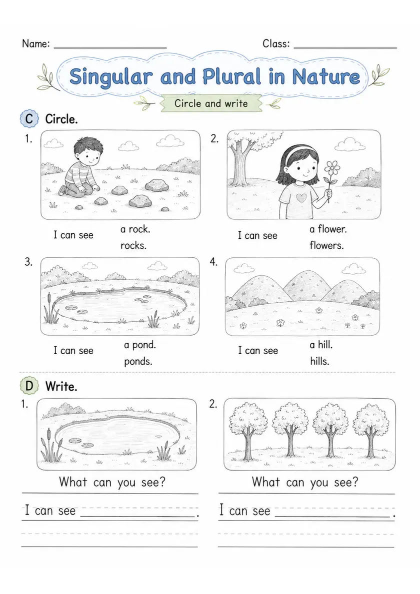 Singular and Plural in Nature | Grade 1 Grammar Worksheet grade 1 printable PDF preview