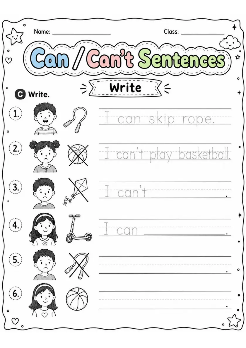 Can / Can't Sentences | Grade 1 Grammar Worksheet grade 1 printable PDF preview