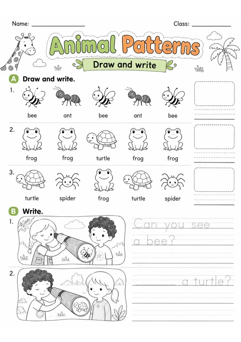 Animal Patterns | Grade 1 Vocabulary and Writing Worksheet grade 1 printable PDF preview