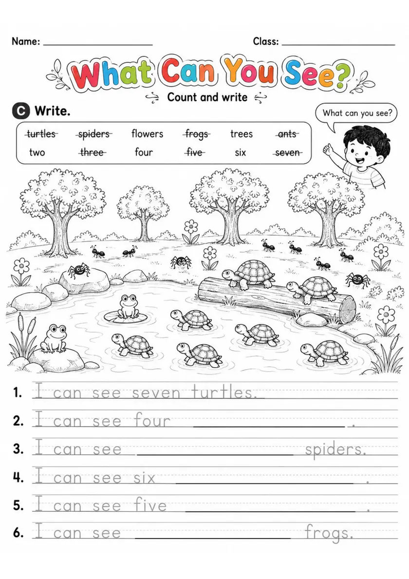 What Can You See? | Grade 1 Counting and Writing Worksheet grade 1 printable PDF preview