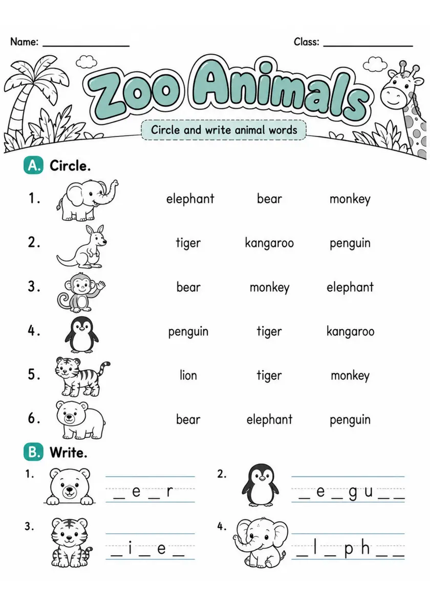 Zoo Animals | Grade 1 Vocabulary Worksheet grade 1 printable PDF preview