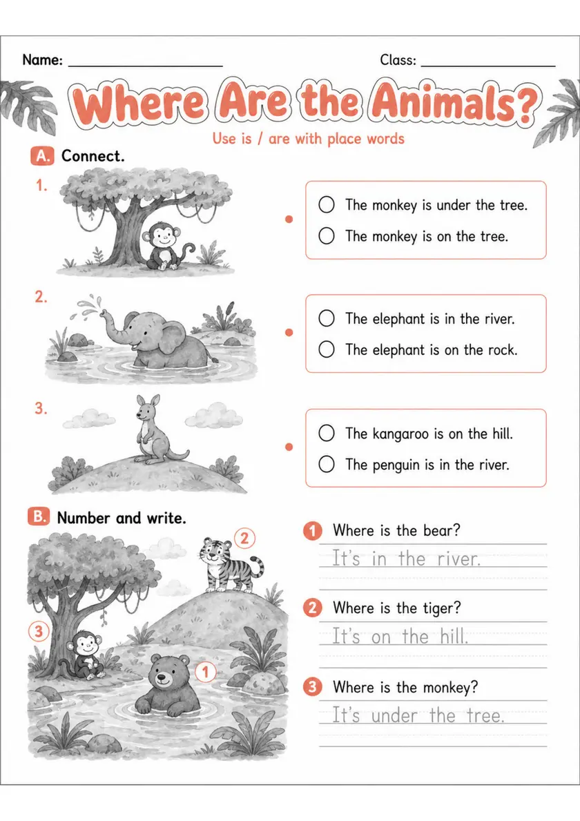 Where Are the Animals? | Grade 1 Grammar Worksheet grade 1 printable PDF preview