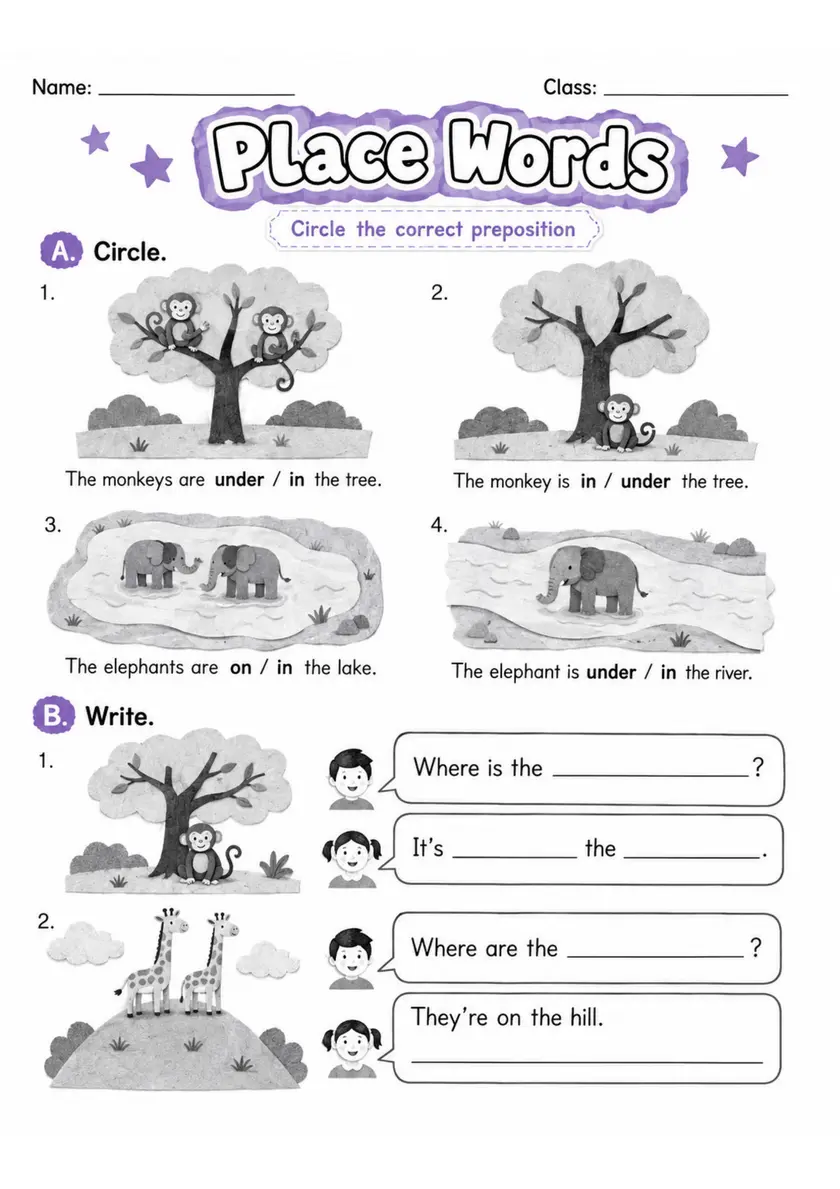 Place Words | Grade 1 Prepositions Grammar Worksheet grade 1 printable PDF preview