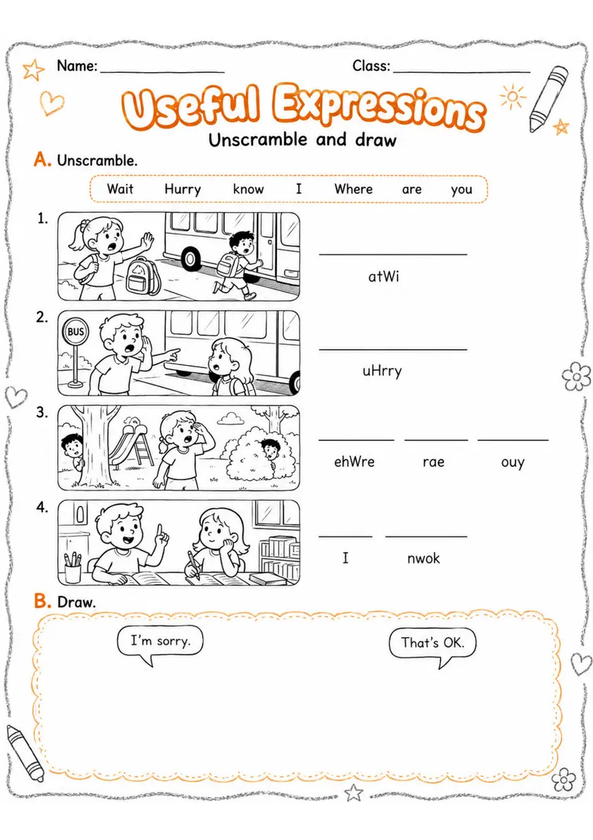 Useful Expressions | Grade 1 Spelling and Vocabulary Worksheet grade 1 printable PDF preview