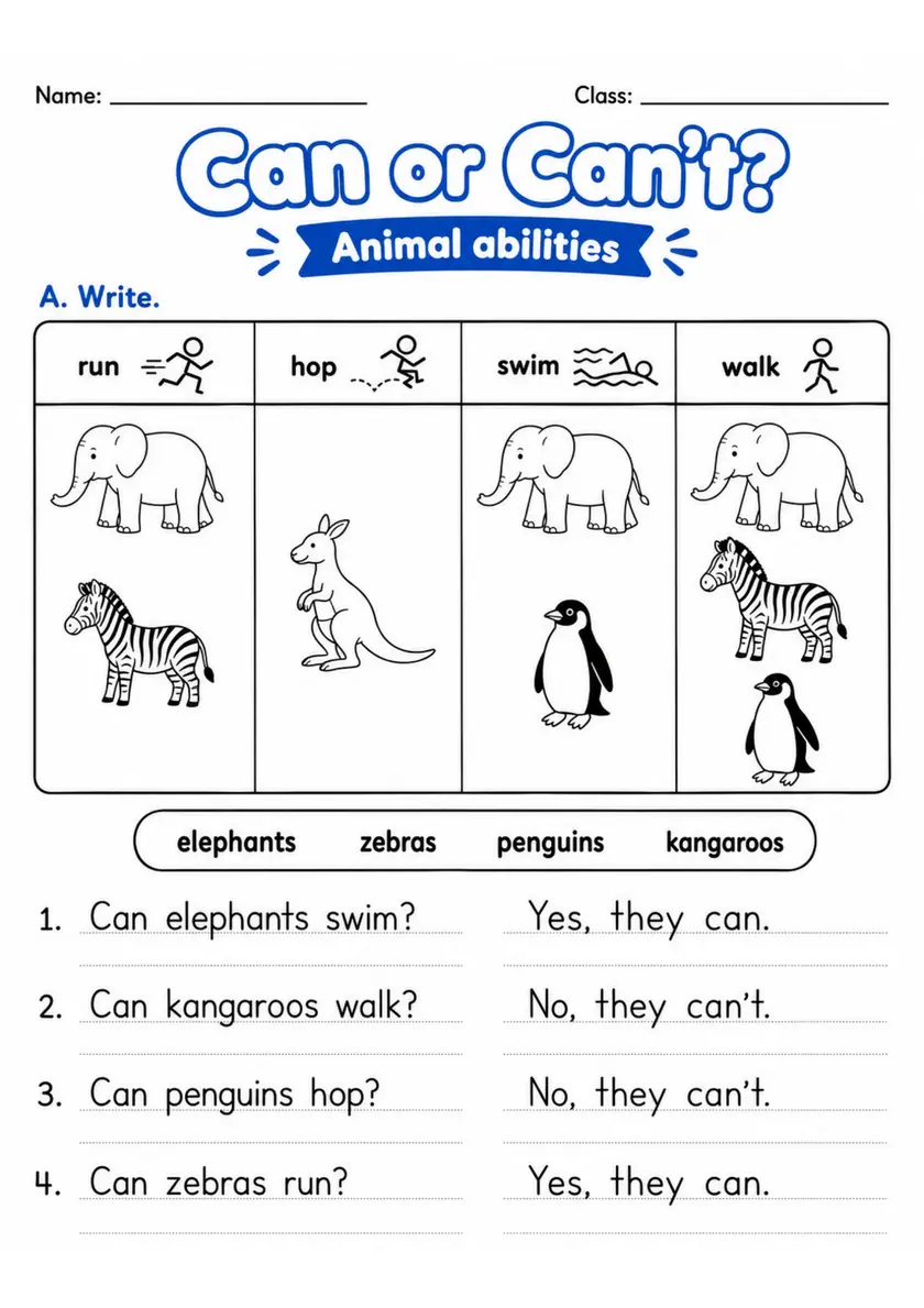 Can or Can't? Animal Abilities | Grade 1 Grammar Worksheet grade 1 printable PDF preview