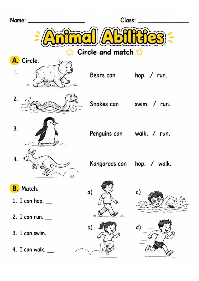 Animal Abilities | Grade 1 Grammar Worksheet grade 1 printable PDF preview