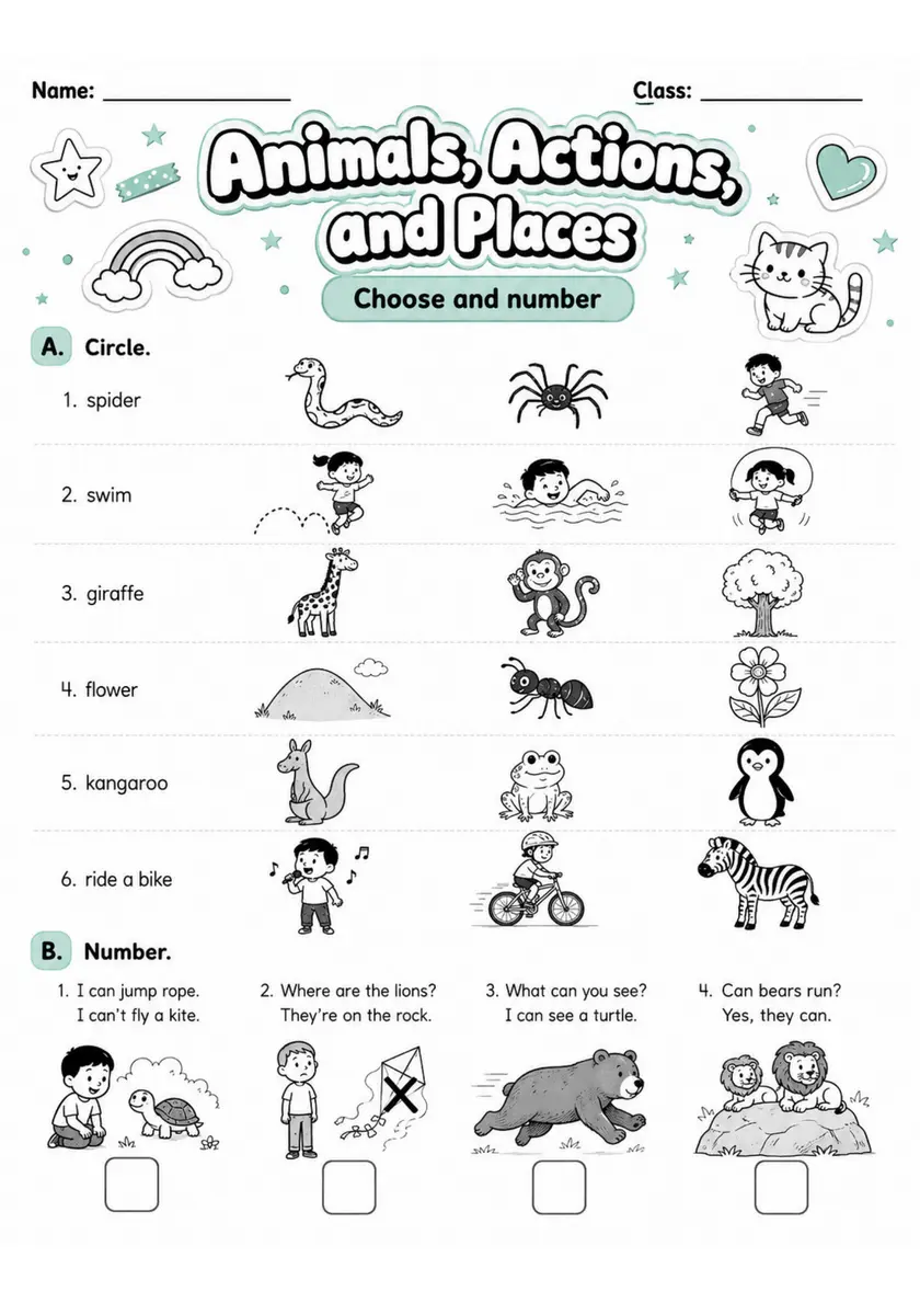 Animals, Actions, And Places | Grade 1 Vocabulary Worksheet grade 1 printable PDF preview