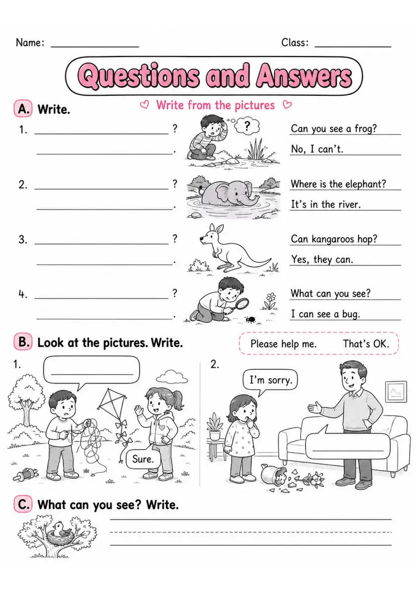 Questions And Answers | Grade 1 English Language Arts Worksheet grade 1 printable PDF preview