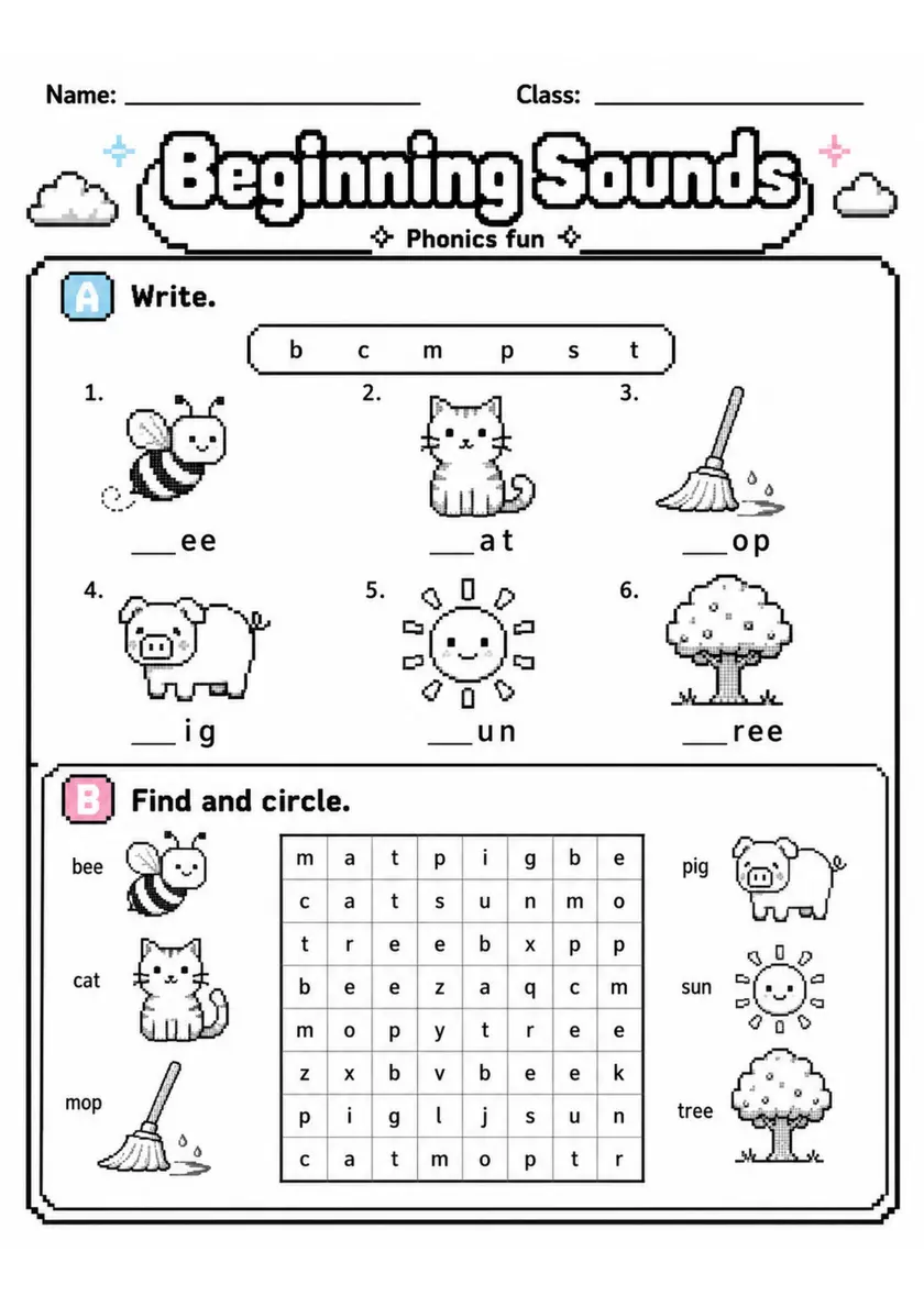 Beginning Sounds | Grade 1 Phonics Worksheet grade 1 printable PDF preview
