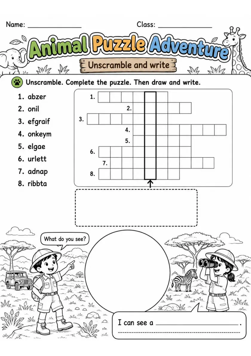 Animal Puzzle Adventure | Grade 1 English Language Arts Worksheet grade 1 printable PDF preview