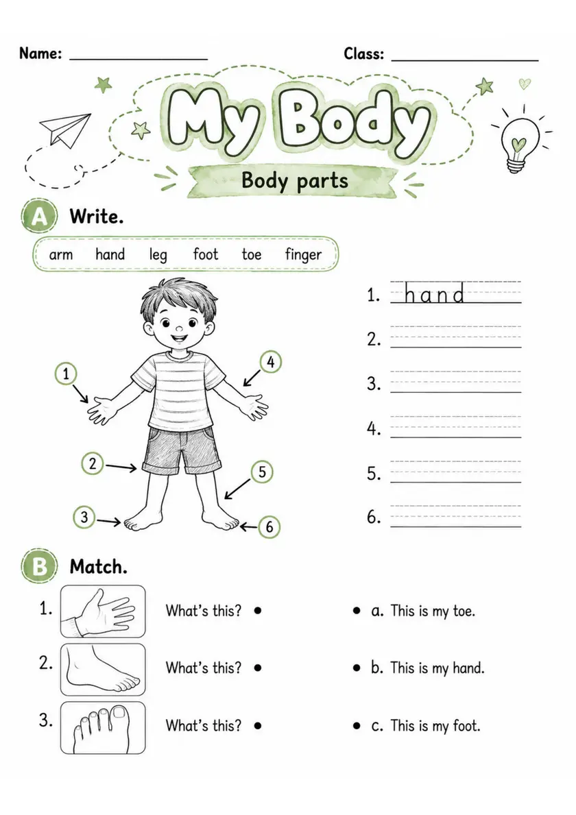 My Body | Grade 1 English Language Arts Worksheet grade 1 printable PDF preview
