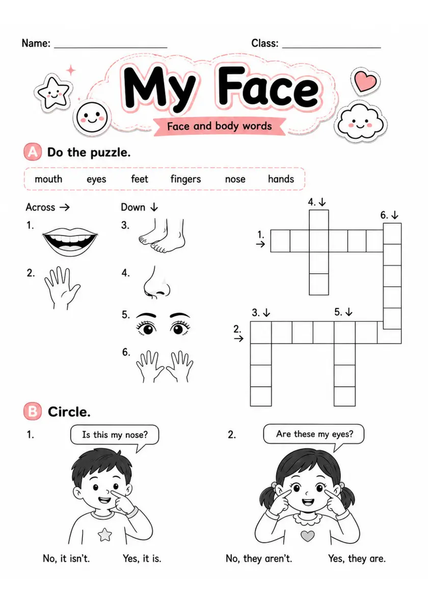 Body Parts Puzzle and Questions | Grade 1 English Language Arts Worksheet grade 1 printable PDF preview