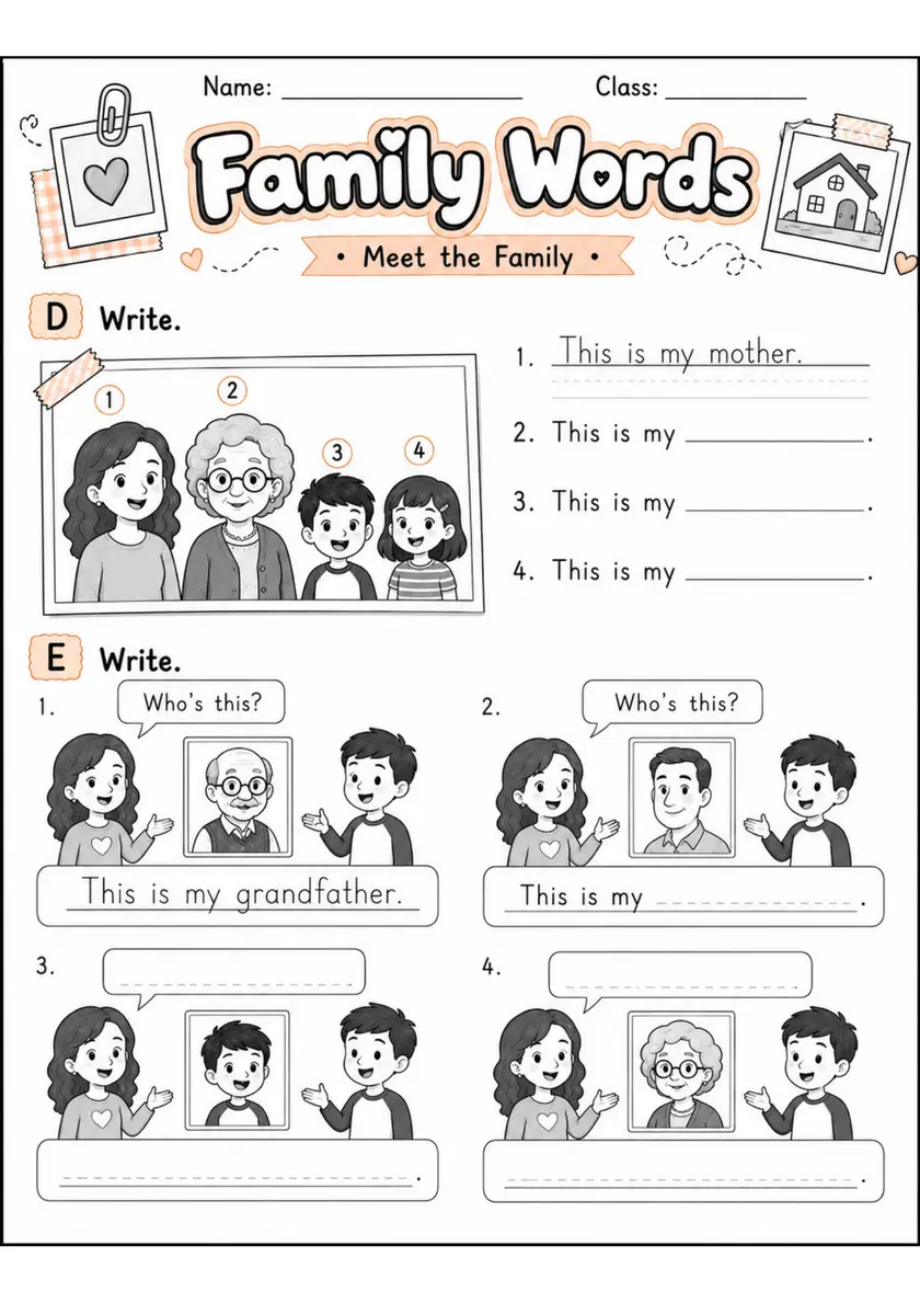 Family Words 2 | Grade 1 Vocabulary Worksheet grade 1 printable PDF preview