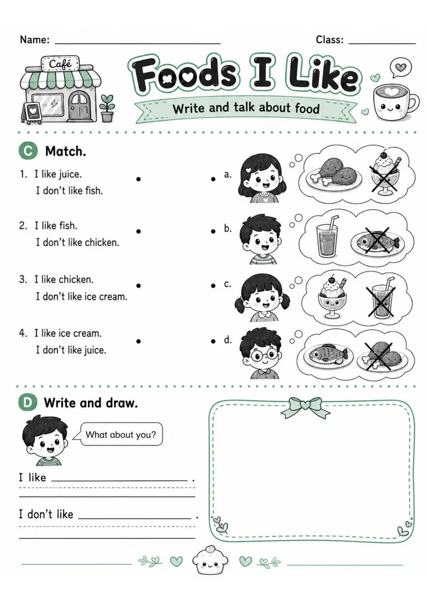 Foods I Like 2 | Grade 1 Grammar Worksheet grade 1 printable PDF preview